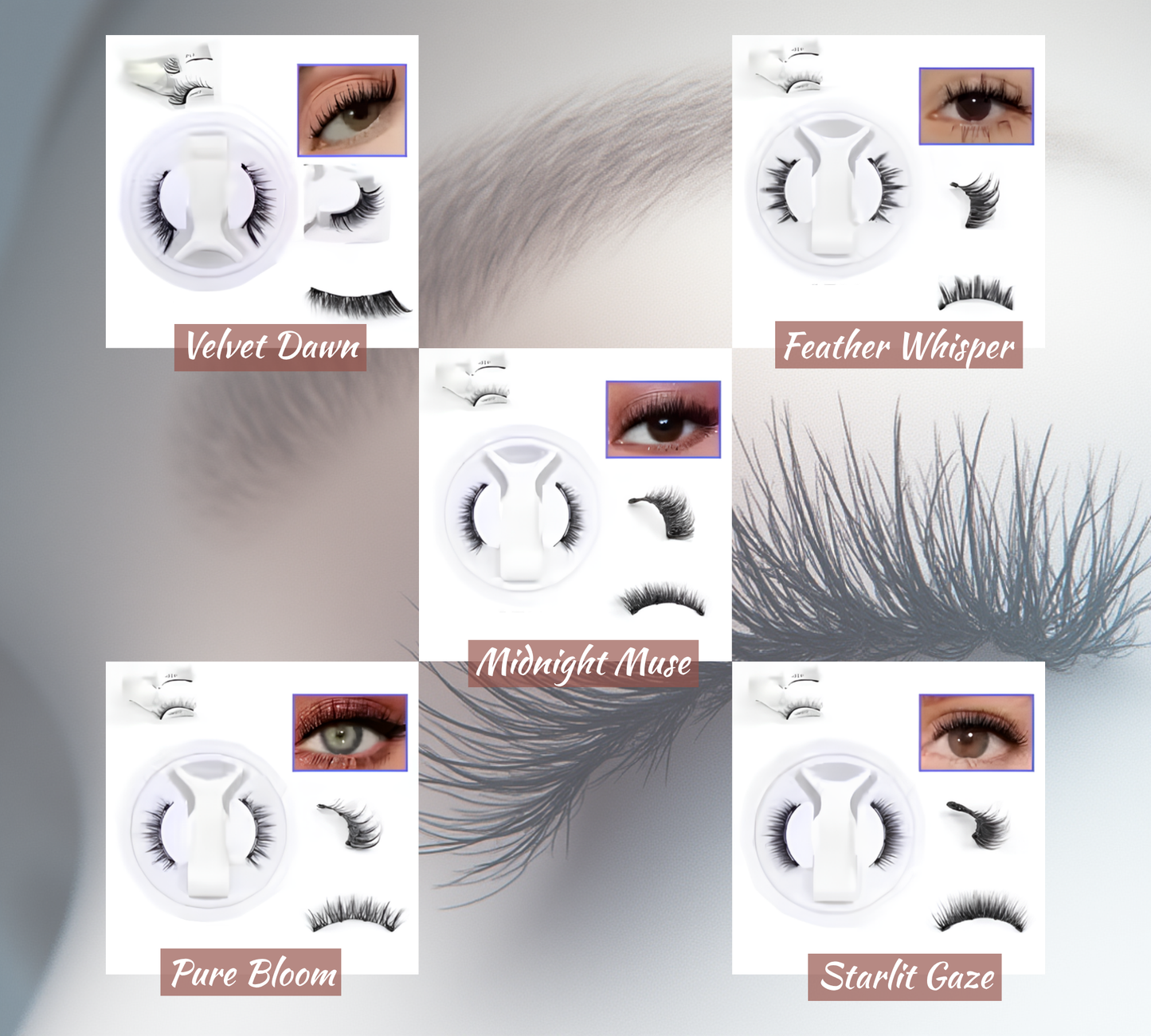 Collage of false eyelash packaging with brand names and product names.