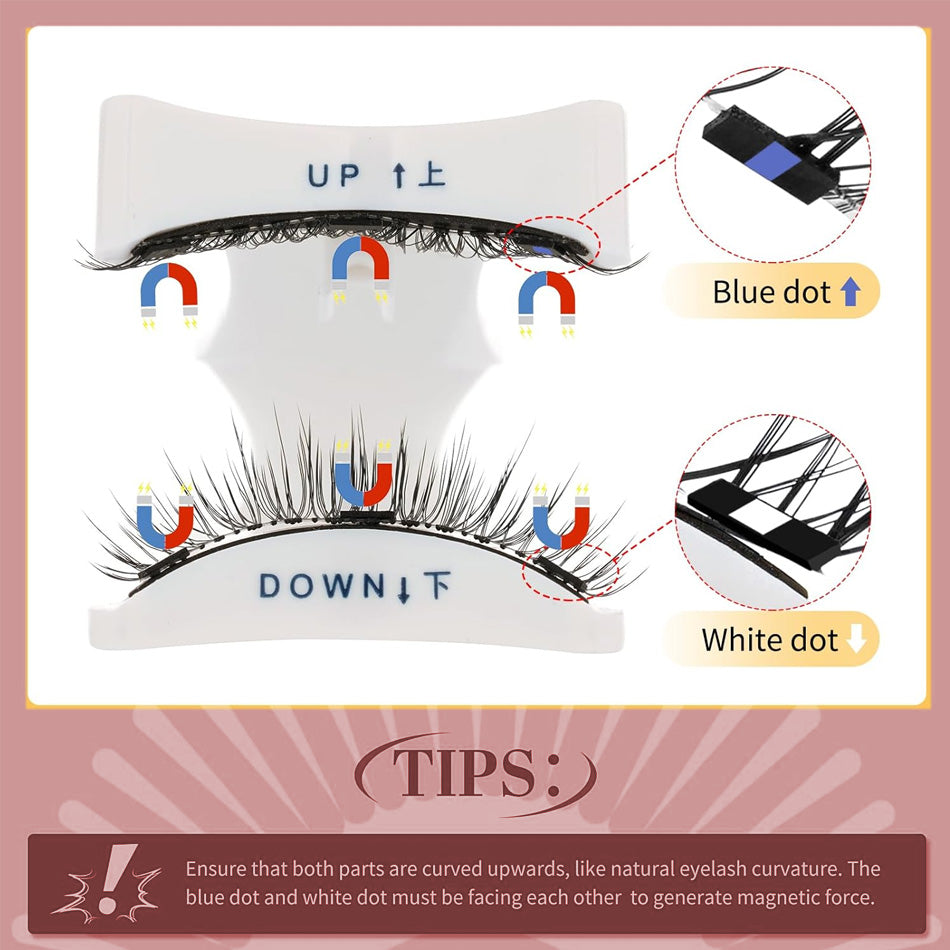 Magnetic eyelash set with instructions on how to use them, featuring blue and white dots.