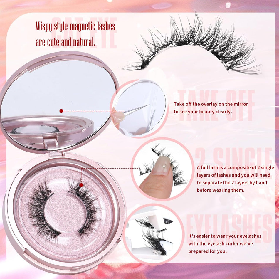 Magnetic lashes with packaging and usage instructions on a pink background
