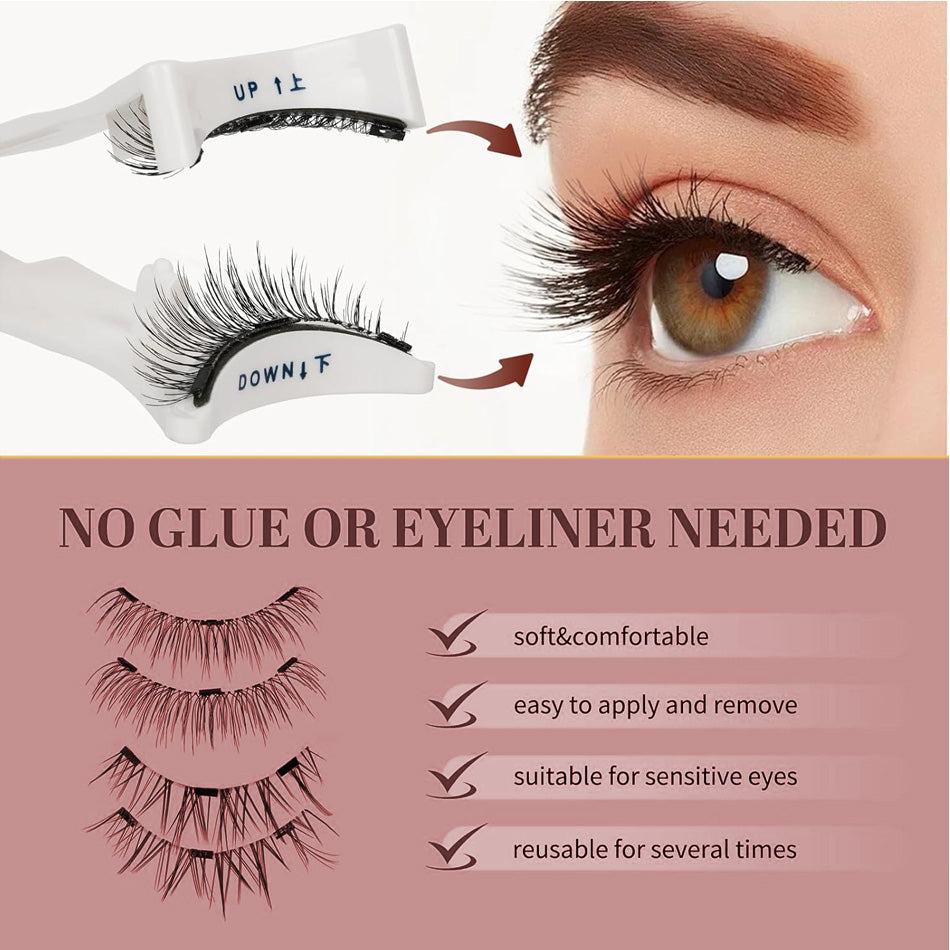 False eyelashes with application tools and a close-up of an eye wearing them, on a pink background with text about product features.