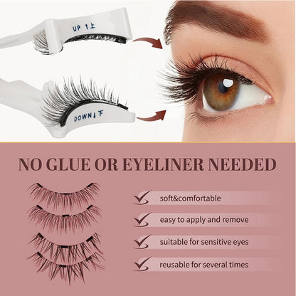 False eyelashes with application tools and a close-up of an eye wearing them, on a pink background with text about product features.