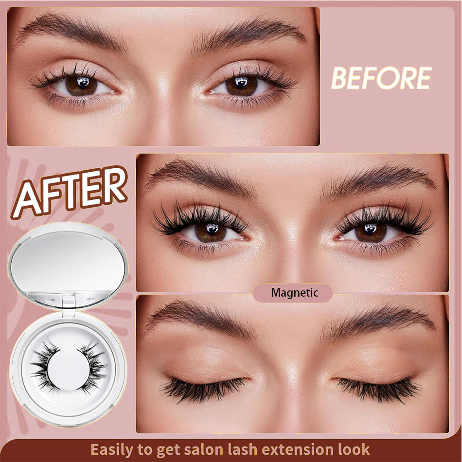 Before and after comparison of magnetic lashes with a compact case on a pink background.
