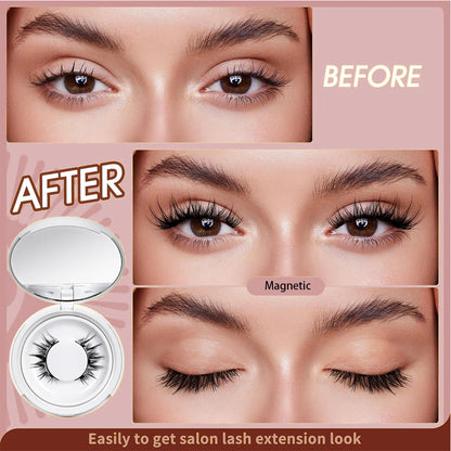 Before and after comparison of magnetic lashes with a compact case on a pink background.