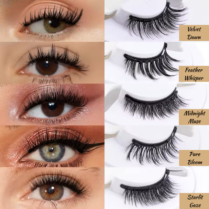 Collage of false eyelashes with close-up shots on eyes and labeled varieties.