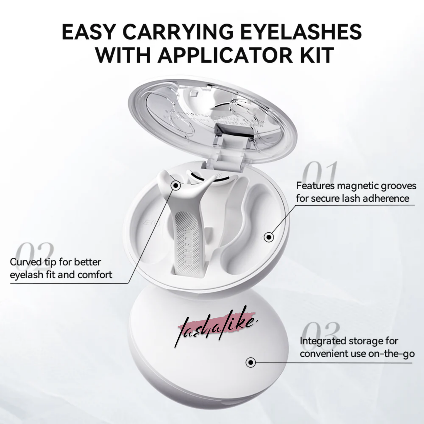 Eyelash applicator kit with features highlighted on a white background