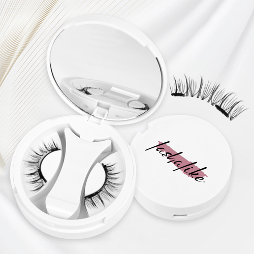 False eyelashes in a white case with 'Tasha' branding on a light background